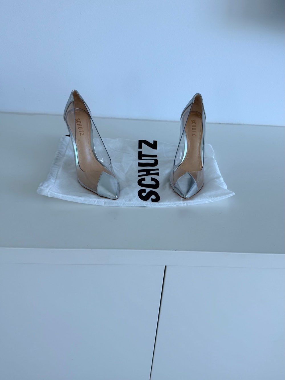 Schutz Silver Metallic Pointed-Toe Pumps with Clear Panels